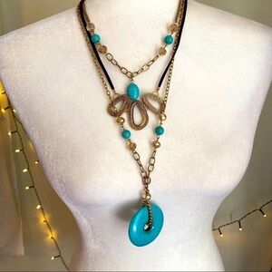 Julia B. Gold Tone Triple Necklace Turquoise Disc